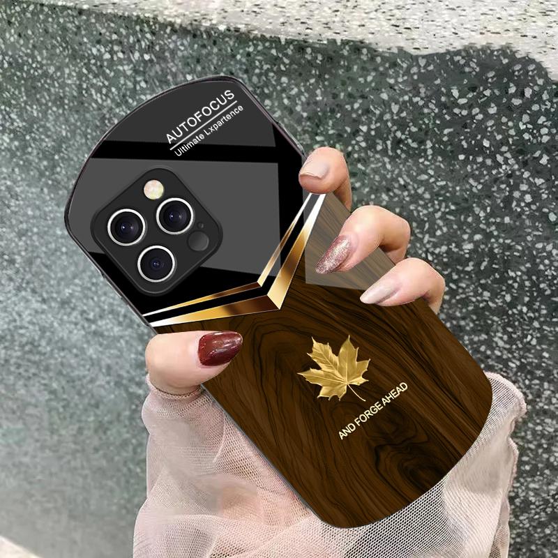 V-shaped Maple Leaf For Iphone 11 12 13 14 15 16 Pro Max Plus Mini 7 8 Se 2020 X Xs Xr Elliptical Tempered Glass Phone Case