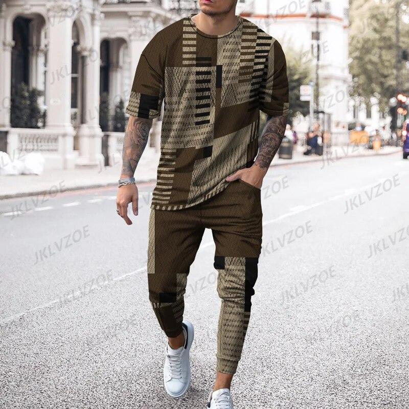 New Boutique Leopard Print Men’s Trousers Tracksuit 2 Piece Set Streetwear Short Sleeve T Shirt+Long Pants Clothes Male Clothing