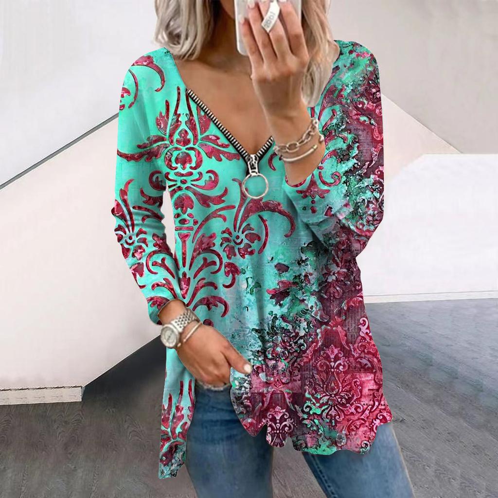 Женские осенние креативные ретро-футболки с длинным рукавом и принтом, свободные футболки с V-образным вырезом больших размеров, удобные блузки