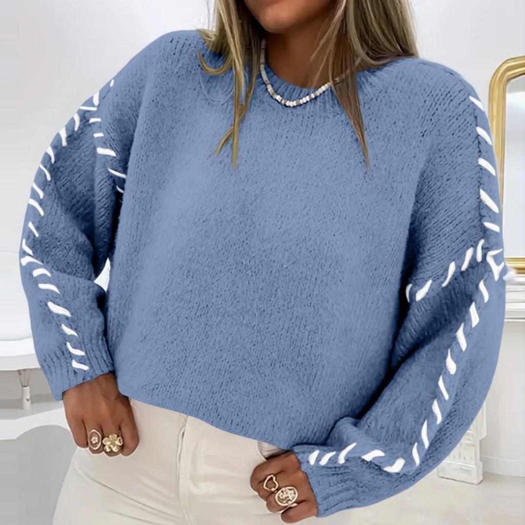 Ladies' Color Blocking Loose Casual Round Neck Knitted Sweater Long Sleeved Sweater Top