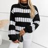 Autumn Winter Vintage Loose Long Hooded Sleeve Top Stripe Pullover Knitwear Stand Collar Sweater