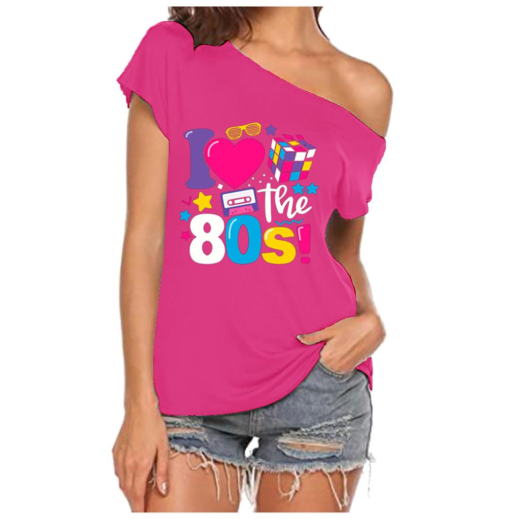 Женская летняя повседневная мода с принтом (Я люблю 80-е) Сексуальная свободная футболка с открытыми плечами и короткими рукавами с наклонным вырезом и топом