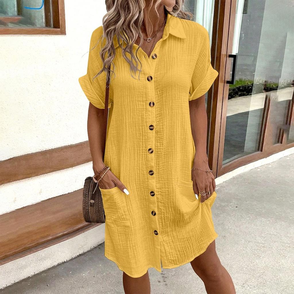 Модное женское летнее повседневное платье на пуговицах с коротким рукавом и v-образным вырезом