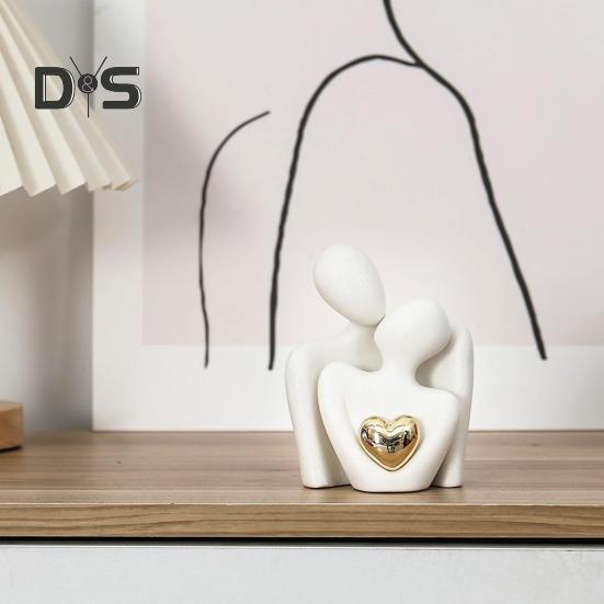 Ceramic Couple Hug Figurine with Golden Love Heart Men Women Embrace Statue Sculpture Living Room Bedroom Desktop Decoration Wedding Anniversary Gifts