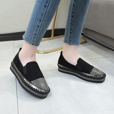 Модные осенне-зимние новые туфли на плоской подошве женские универсальные туфли со стразами и пайетками на одной педали туфли-мокасины на толстой подошве