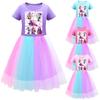 Kids Girls K-POP Rumi Zoey Mira Print Mesh Rainbow Round Neck Short Sleeves Casual Cotton Dress