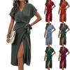 Women's V Neck Wrap Dress Twisted Slit Pleated Waist Tie Short Sleeve Summer Midi Dresses