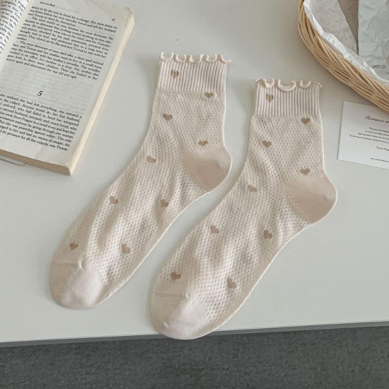 Женские летние тонкие милые дышащие сетчатые носки-гольфы средней длины с кружевом в виде сердечек
