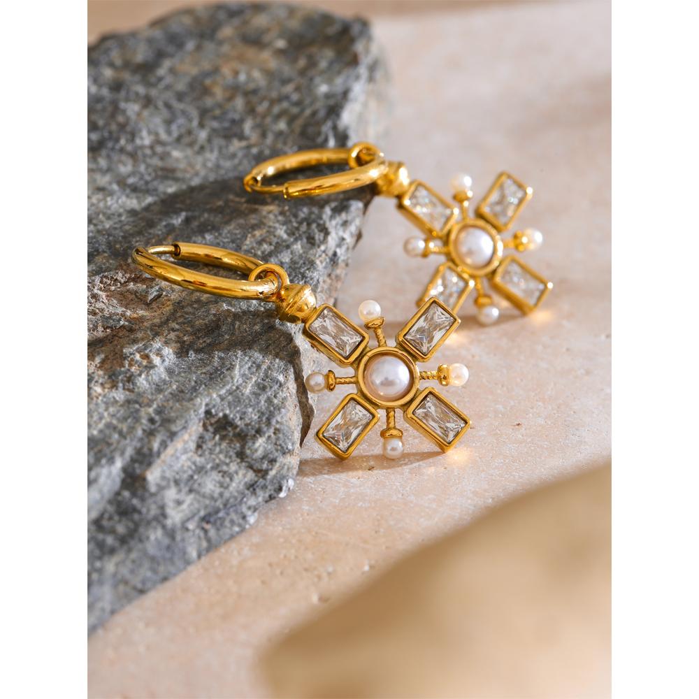 Eetit High Quality Zirconia Pearls Cross Drop Hoop Earrings Golden Stainless Steel Temperament Arrivals Daily Jewelry Gift