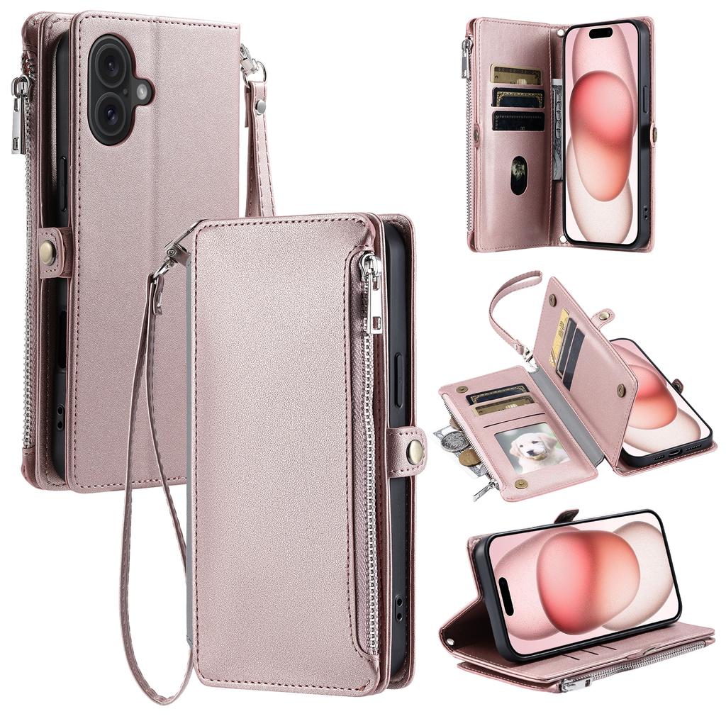 015 Style For iPhone 16 Plus Case Scratch-Resistant Leather Wallet Phone Cover with Straps