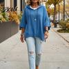 Soft Knit Sweater Autumn Women Pullover Sweater, Loose Fit Drawstring Hooded 3/4 Sleeve Drop Shoulder Solid Color Casual