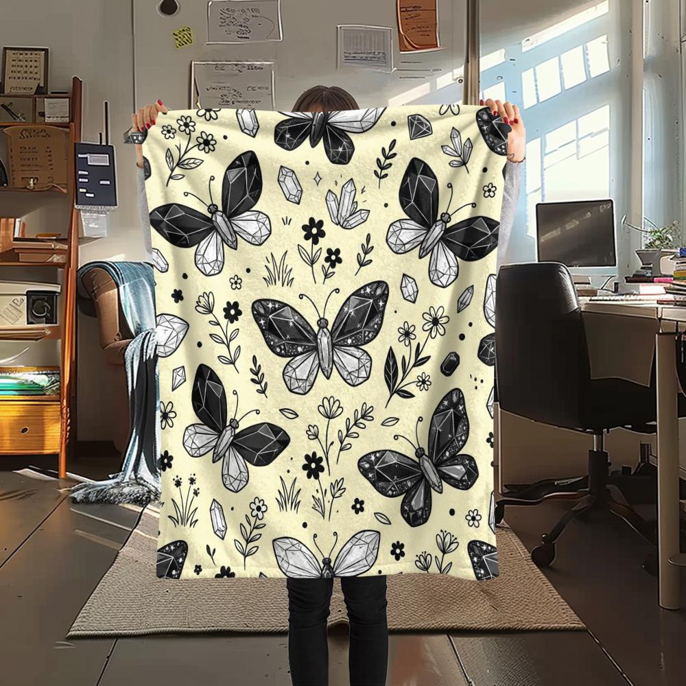 1PC Jewel Butterfly Print Flannel Blanket, High quality All Seasons, Home Decor, Warmth and Comfort, Perfect for Christmas Gifts