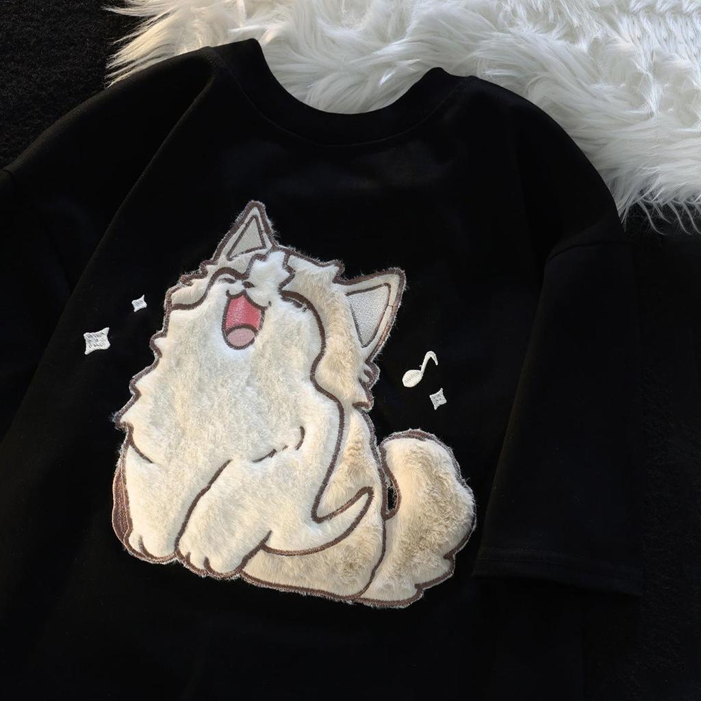 Футболка унисекс с милым японским котом в студенческом стиле - короткие рукава, универсальная летняя одежда