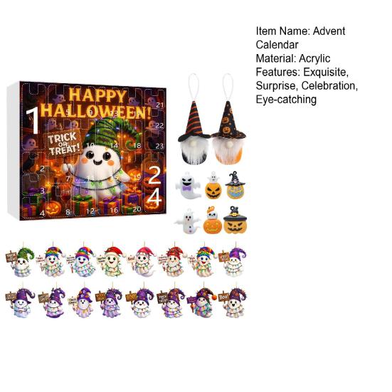 Хэллоуин Адвент-календарь 2025 24-дневный календарь обратного отсчета с акриловыми украшениями в виде призрака/гнома/тыквы для помещения