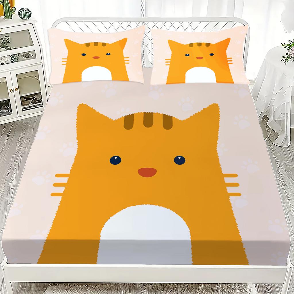 3pcs Cartoon Fitted Sheet Set Cute Lovely Cat Paw Print 100% Polyester Breathable Bedding Set for Home Decor with 2 Pillowcases