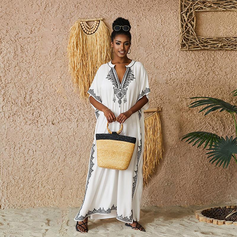 Bohemian White V Neck Bikini Cover-ups Long Tunic Sexy Kaftan Dress Women Plus Size Beach Wear Swim Suit Cover Up