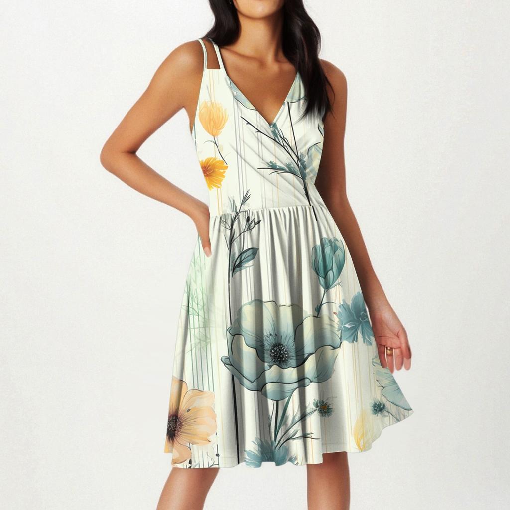 Женская мода повседневные платья с V-образным вырезом и бретелями без рукавов с цветочным принтом