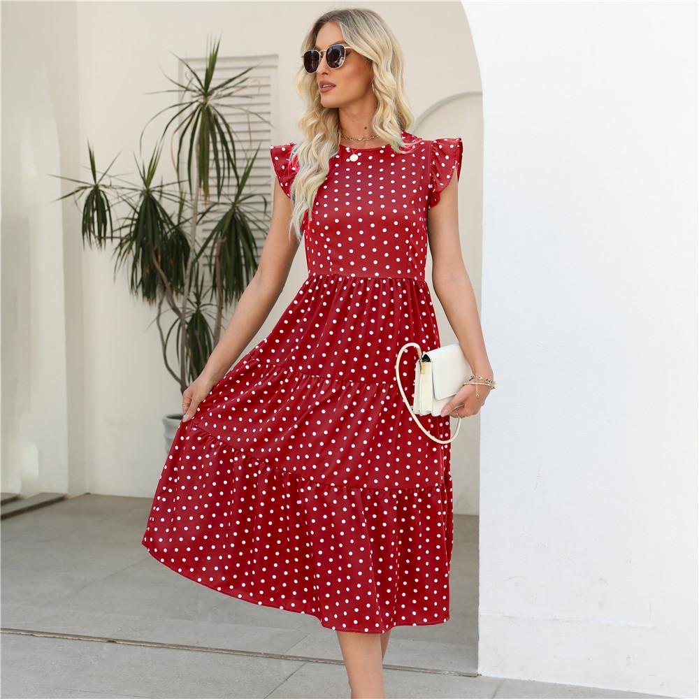 Polka Dot Print Summer Women Long Dress Round Neck Ruffled Sleeveless