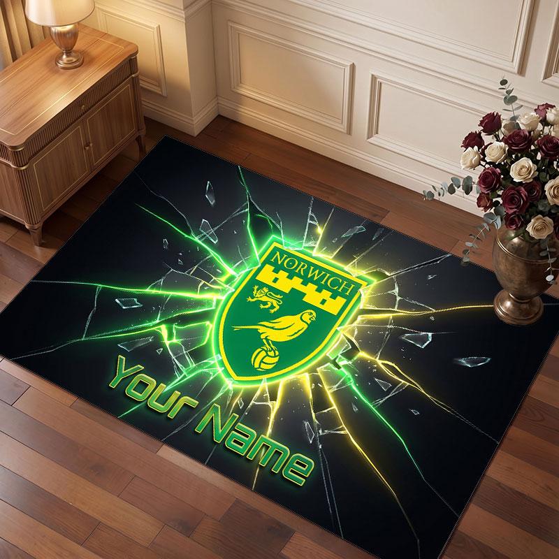 Norwich City Custom Crystal Velvet Rug, Personalized Name Text Print, Football Logo Soft Non‑Slip Floor Mat Home Decor Gift