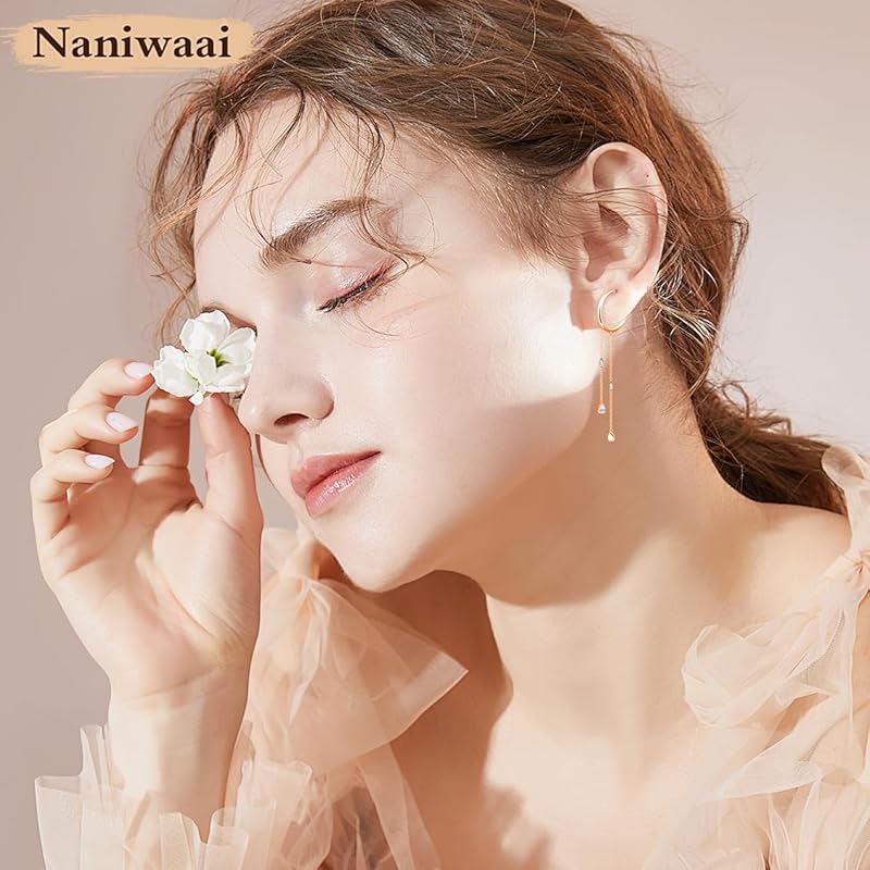 Naniwaai Earrings Ladies Popularity High Quality Zirconia 2 Series Sway Half Hoop Silver Compatible with Metal Allergies Woman Long Present Holiday