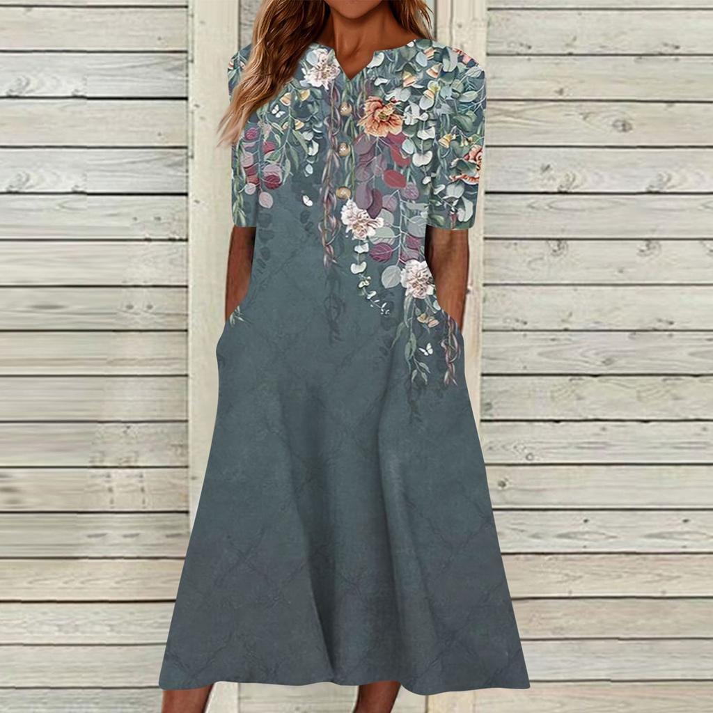 Women's Summer Casual Printed V-Neck Short-Sleeve Swing Dress