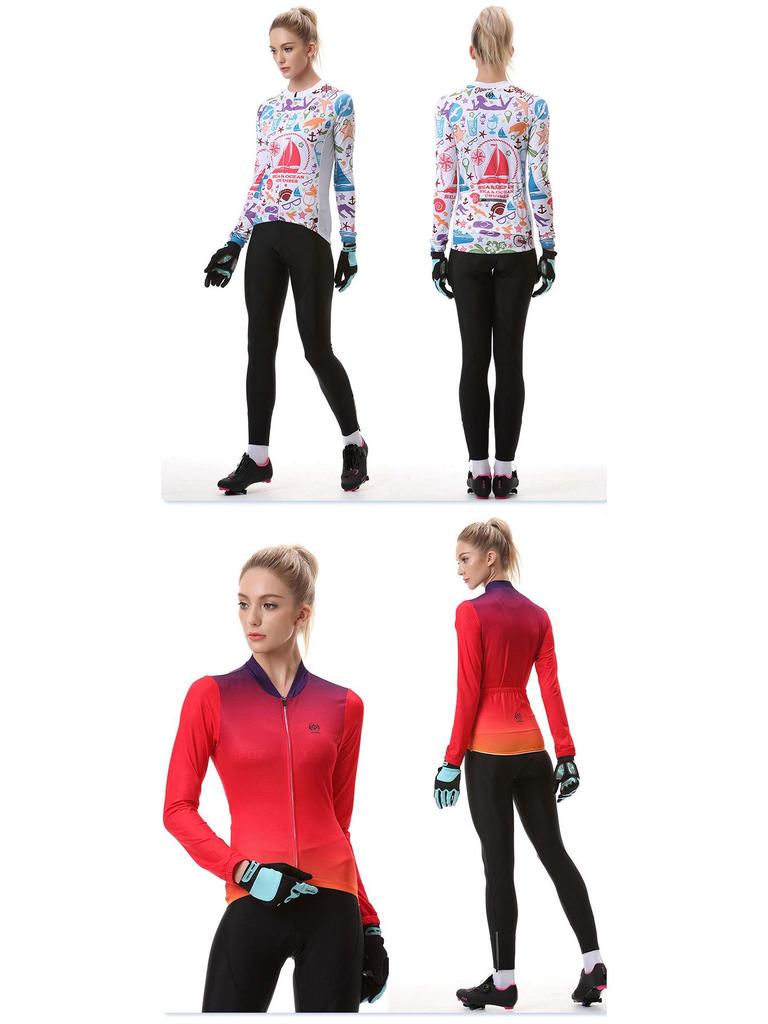 XINTOWN Women's Long Sleeve Plus Size Cycling Jersey - European & American Style, Printed Design