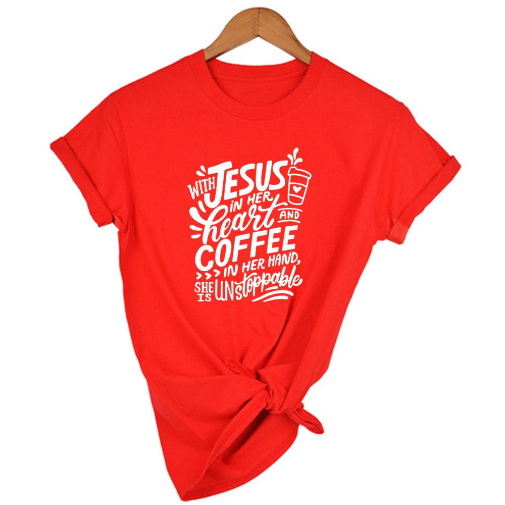 With Jesus In Her Heart And Coffee In Her Hand Women Faith God T Shirt