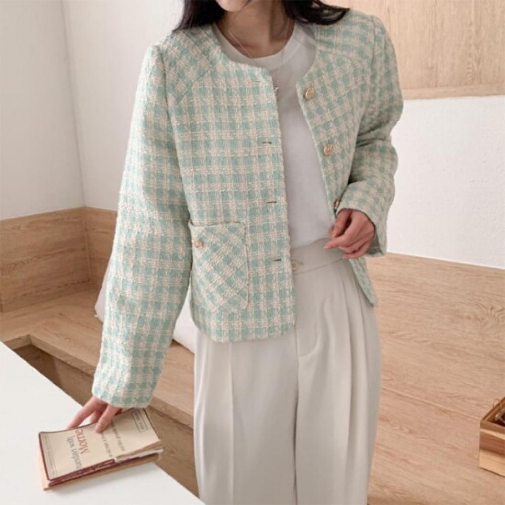 New Arrivals Open Run Gingham Check Tweed Jacket Gold Button Pastel Spring Guest