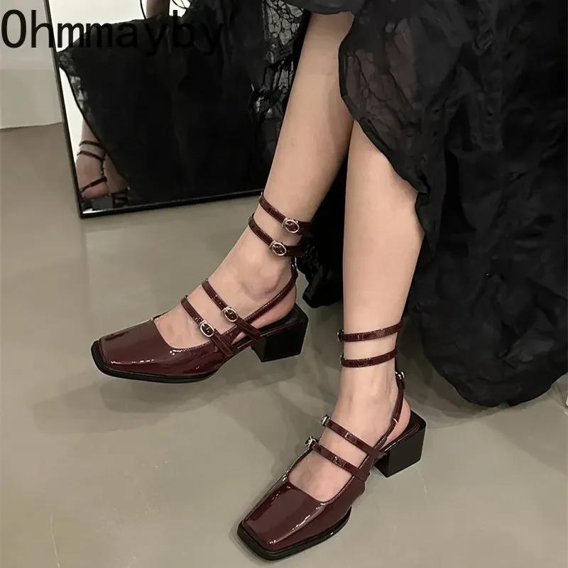 Summer Design Women Sandal Fashion Narrow Band Dress Square Heel Shoes Ladies Outdoor Patent Leather Mary Jane Shoes