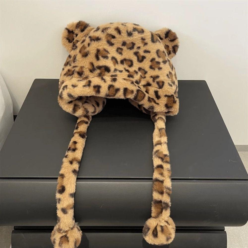 Korean Style Plush Bear Hat Leopard Print Ear Protection Hat Warm Cartoon Fleece Hat  Girls