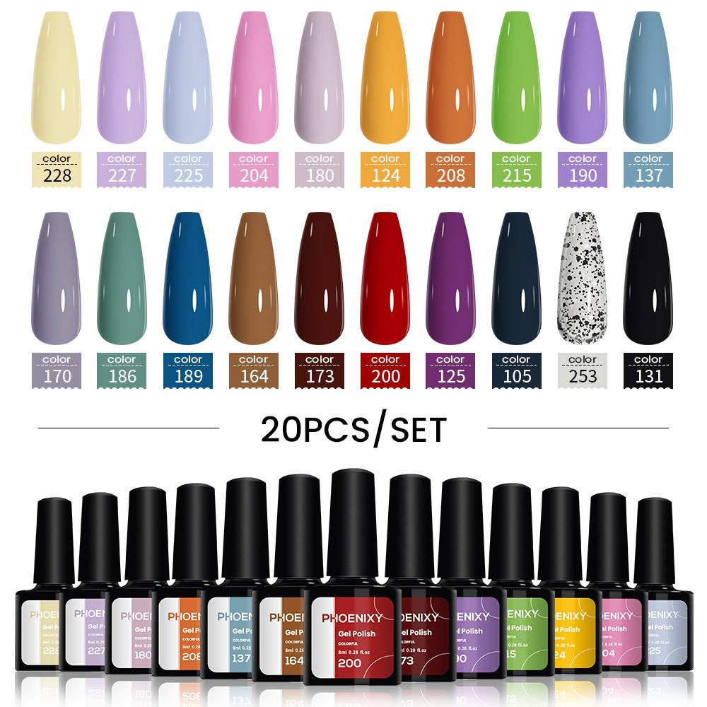 PHOENIXY, 20 шт., набор гель-лаков для ногтей, набор геля для замачивания с чистым цветом для дизайна ногтей, стартовый набор для начинающих, сделай сам, дома