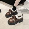 Мода 2024 года, осень и зима, новые европейский и американский стиль, маленькие кожаные туфли, теплые мокасины с бантом и толстой подошвой