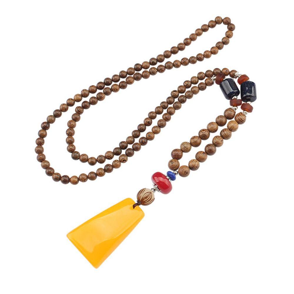 Vintage Lucky Gift Party Ethnic Jewelry Mala Wood Bead Nepal Necklace Horn Fish Pendant Buddhist