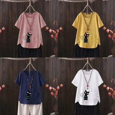 Женская мода с принтом черного кота, летняя повседневная свободная футболка с коротким рукавом, летняя блузка, топы