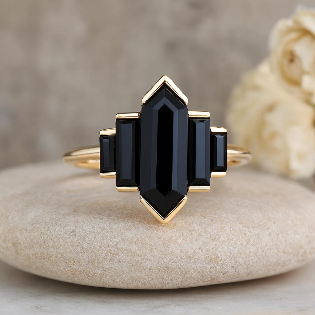 Wedding Engagement Anniversary Promise Gift – Black Onyx Geometric Ring, Yellow Gold Plated Art Deco Statement Gemstone Jewelry for Women
