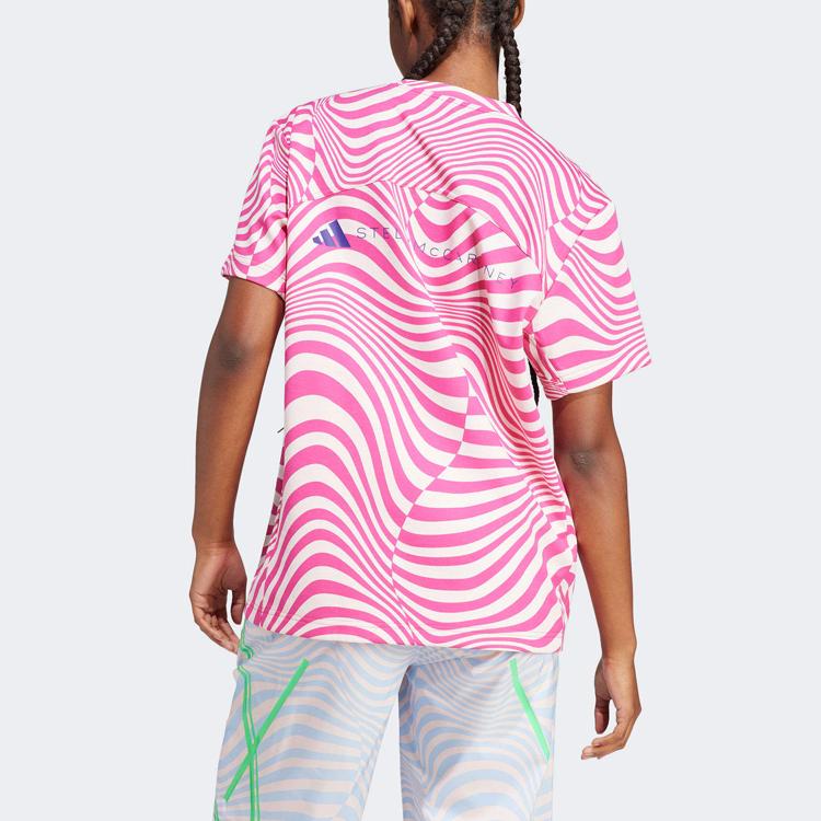 Adidas X Stella McCartney Striped Color Block Round Neck Short Sleeve T-Shirt Women Tops Pink IA1497