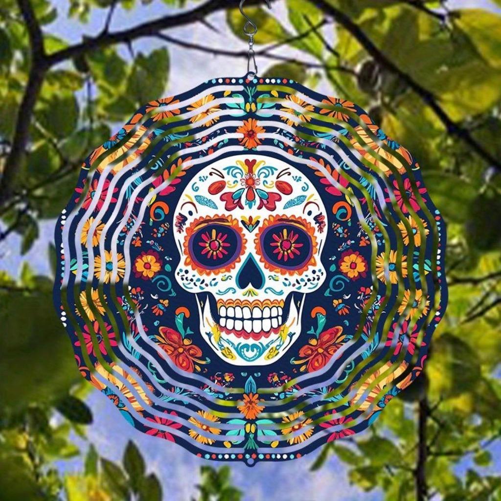 2D Metal Sugar Skull Wind Chime with Floral Design Colorful Wind-Powered Hanging Decor for Garden Patio Holiday