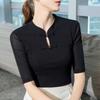 Футболка с воротником-стойкой и рукавами средней длины на пуговицах, женская новая женская одежда, рубашка-бомбер в стиле темперамент, топ с эластичной талией