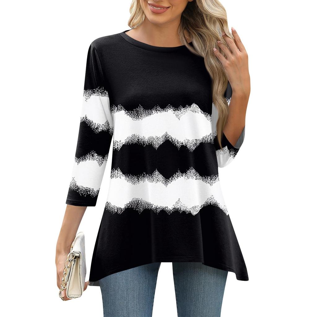 3/4 рукав туника топы для женщин принтованный повседневный выходной свободный крой модная базовая футболка с круглым вырезом