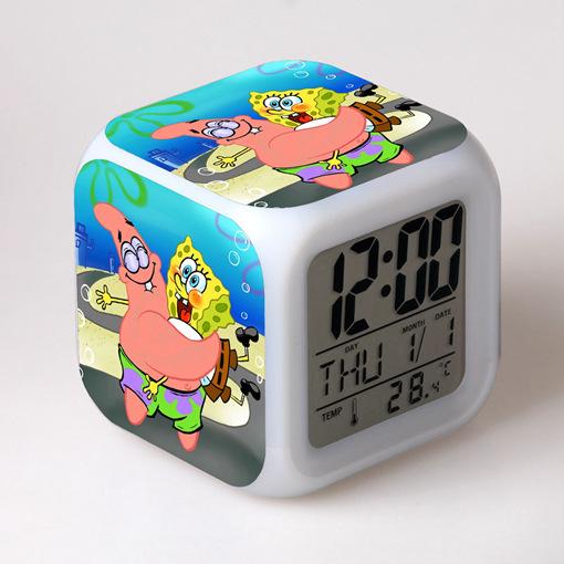 Cartoon SpongeBob SquarePants Alarm Clock Children's Gifts Color-changing Colorful Alarm Clock Square Clock Bedside Clock