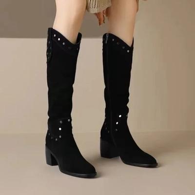 Распродажа женской обуви 2024 года. Женские сапоги на молнии, осенние, с острым носком, из цельного флика, на среднем каблуке, из резины, до колена.