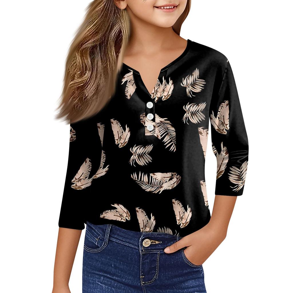 Повседневные модные топы для девочек с принтом, футболка с семью рукавами и пуговицами