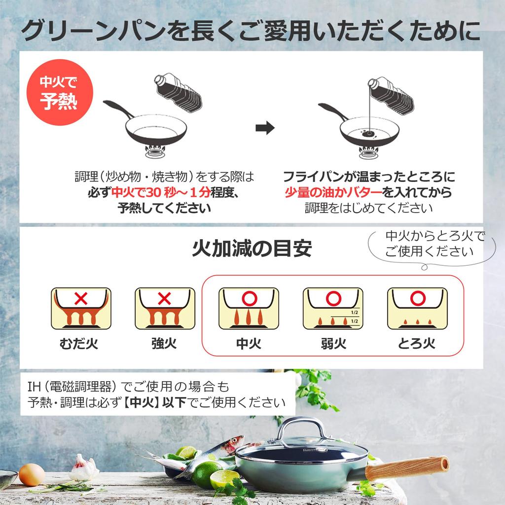 GREENPAN Frying Pan 28cm IH Gas Compatible No Toxic Substances PFAS Free Ceramic Coating Easy To Remove Stains Slightly Deep Natural Wood Handle