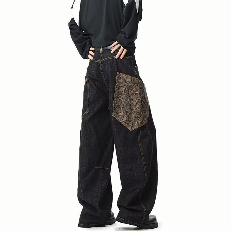 Unisex Vintage Patchwork Plaid Cropped Knife-Edge Denim Jeans Loose Straight Fit Fall