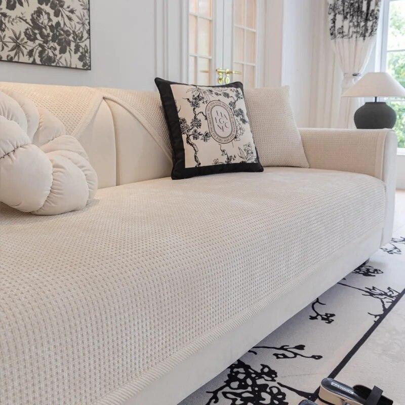 Waffle Chenille Sofa Cushion Non-Slip Plaid Backrest Armrest Towel Universal Living Room Four Seasons Simple