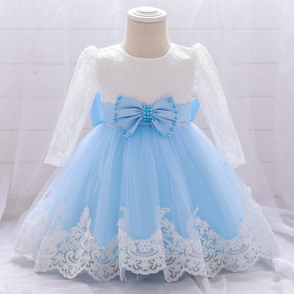 Платья для маленьких девочек Вечерние и свадебные кружевные платья с длинными рукавами и большим бантом для новорожденных девочек, платье принцессы на первый день рождения для девочек