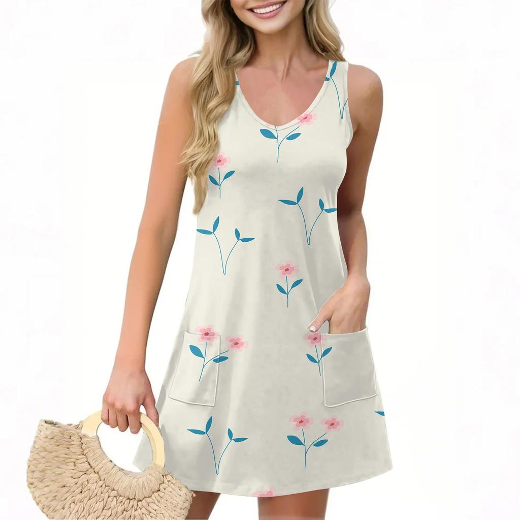 Женское повседневное летнее платье-жилет с карманами, цветочным принтом, V-образным вырезом, без рукавов