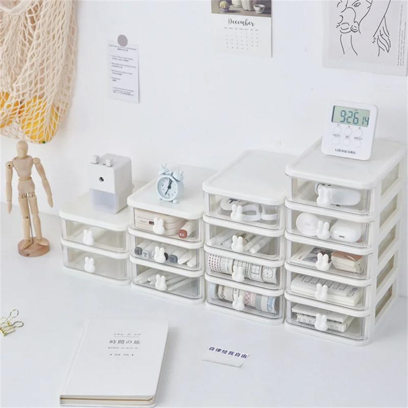 Desktop Cosmetic Storage Box Organizer Drawer Office Storage Rack Stationery Desk Pen Holder Bunny Drawer Organizer Cute Kawaii