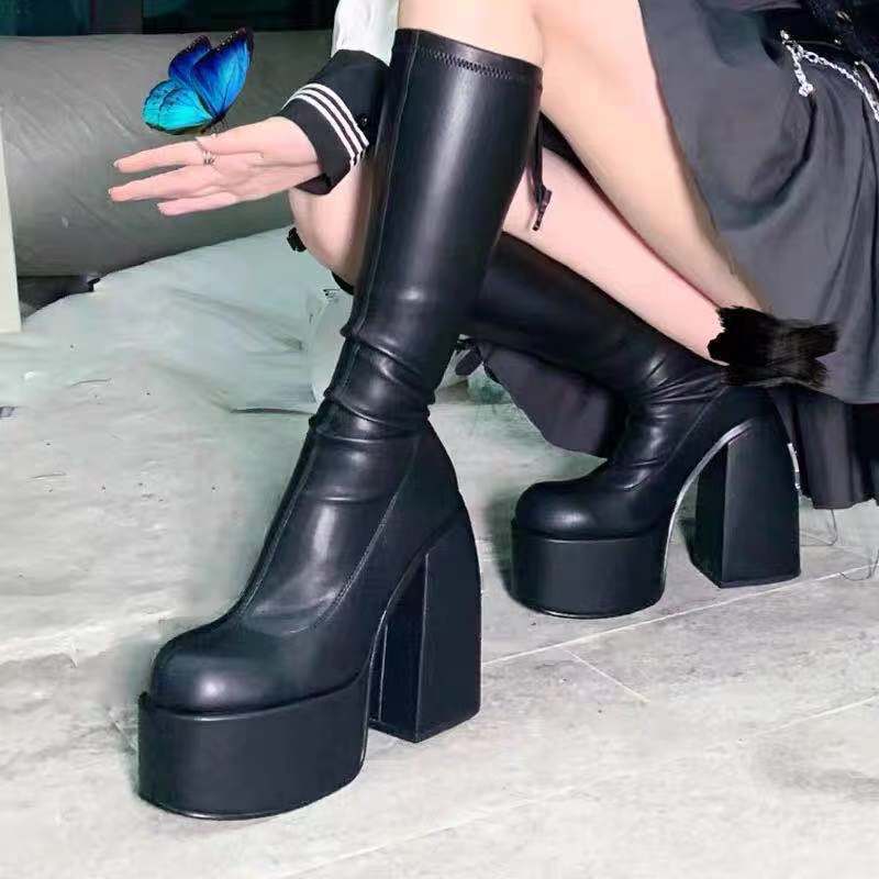 Modern Boots Women Mid Heels Round Toe Leather Boot Chunky Heels Slip-on Designer Block Heel Shoes Fashion Girls Platform Shoe