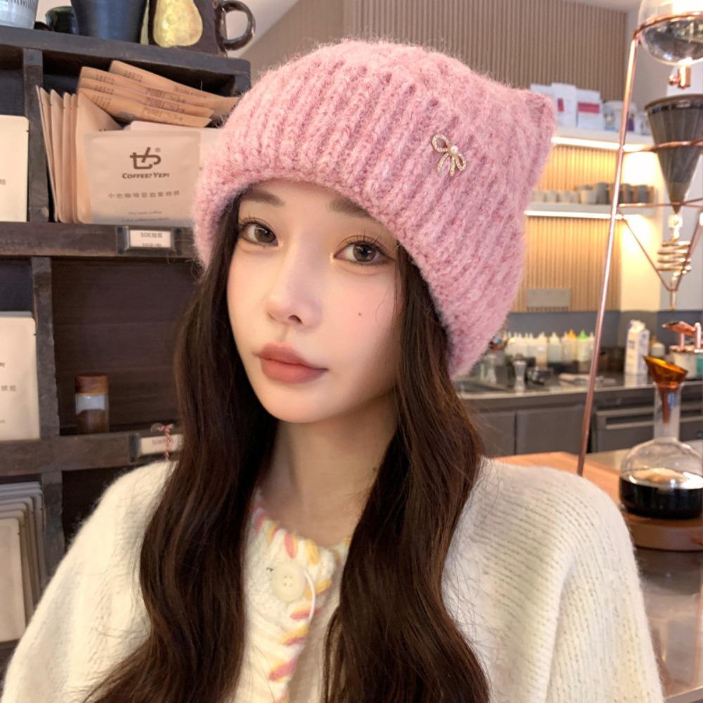 Japanese Style Woolen Knitted Hat Solid Color Women Beanie Hat Cat Ears Pullover Hat Girls